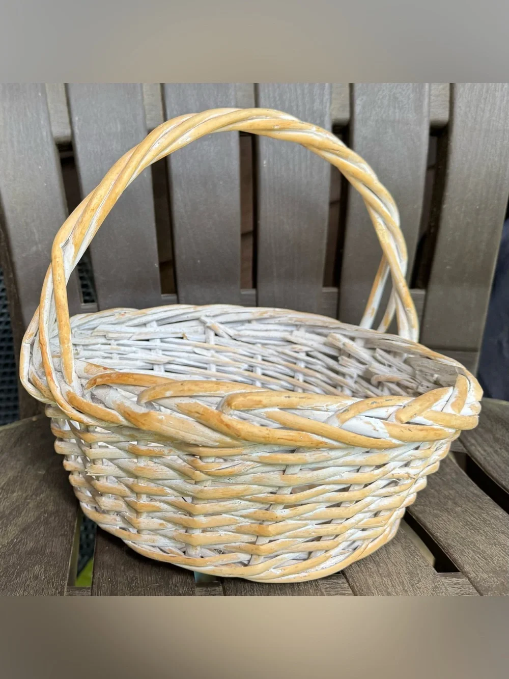 Antique’d Woven Two-Tone White Basket with Handle Multi Purpose w/ Plastic Liner